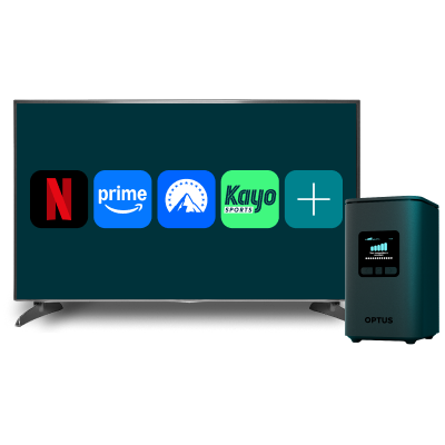 TV displaying streaming service icons including Netflix, Prime Video, Paramount+ and Kayo, alongside a 5G Home Internet modem.