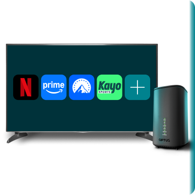TV displaying streaming service icons including Netflix, Prime Video, Paramount+ and Kayo, alongside an nbn modem.