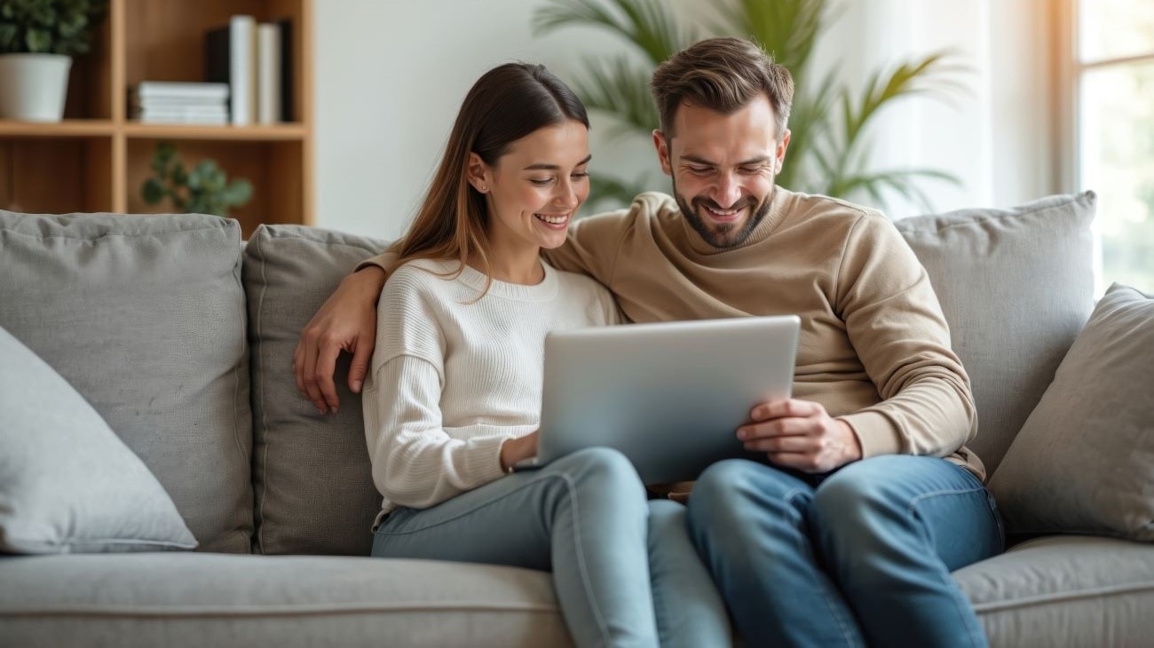 A man and a woman on a couch smiling at a laptop