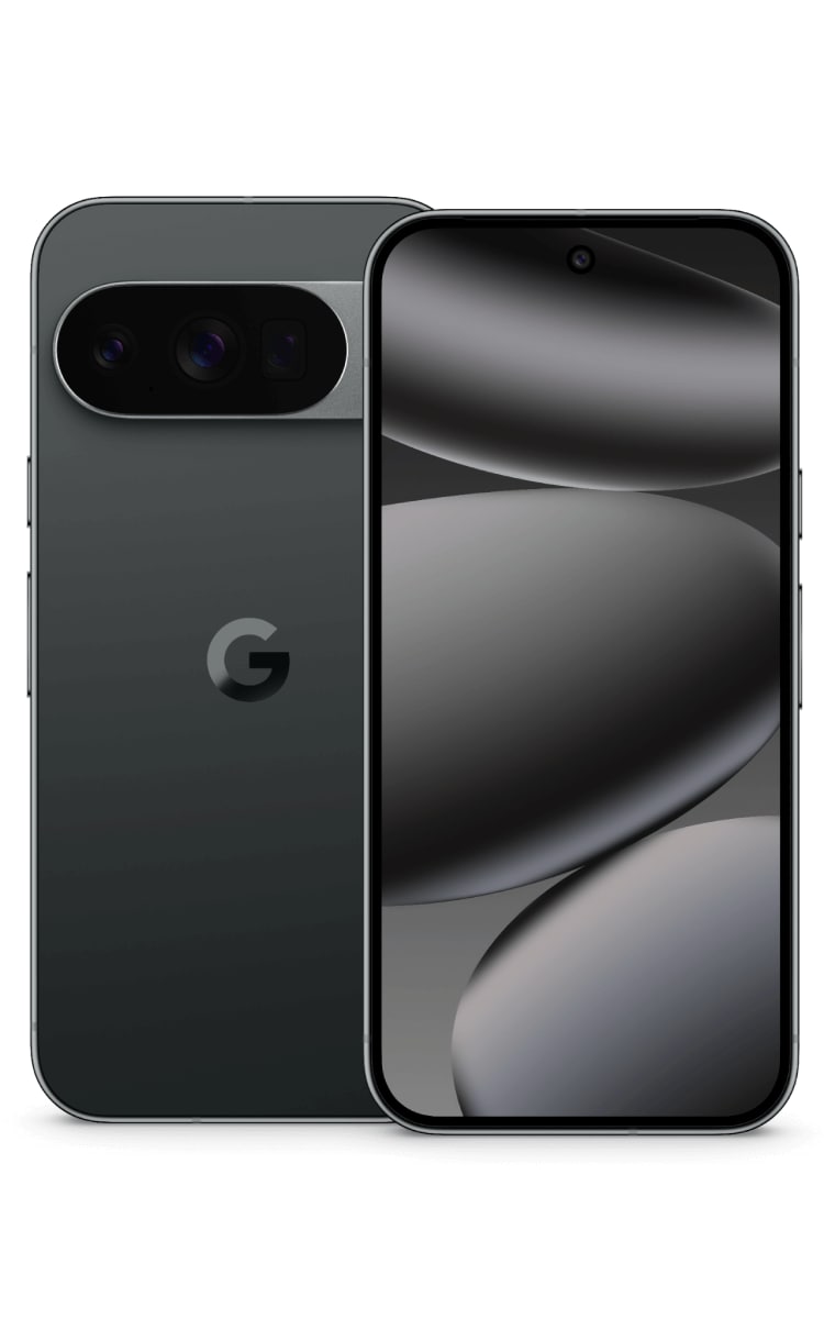 Front and back view of the Google Pixel 10 Pro in obsidian, displaying the home screen, front camera and the Google logo.