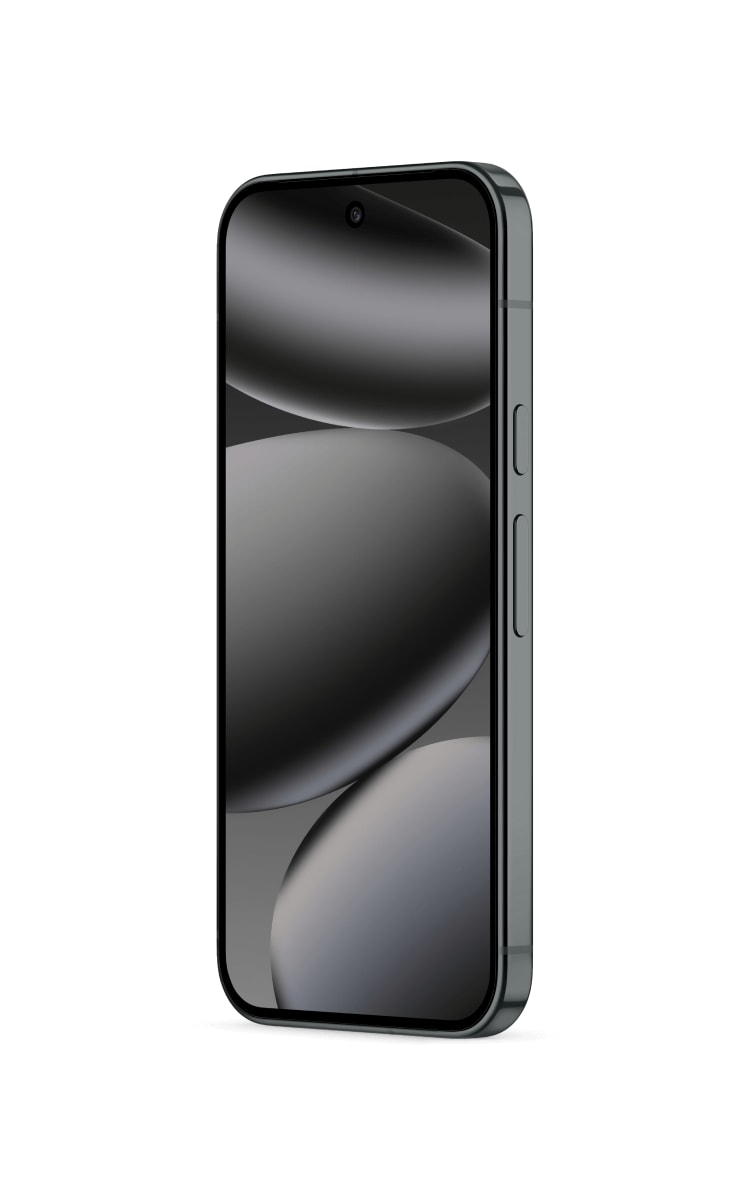 Front view of Google Pixel 10 Pro in obsidian with a vibrant blue, green, and pink abstract wallpaper, featuring a centred punch-hole front camera and side buttons.