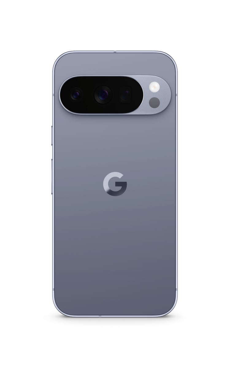 Rear view of Google Pixel 10 Pro in moonstone featuring a horizontal dual camera bar with flash and the Google "G" logo centred on the back.