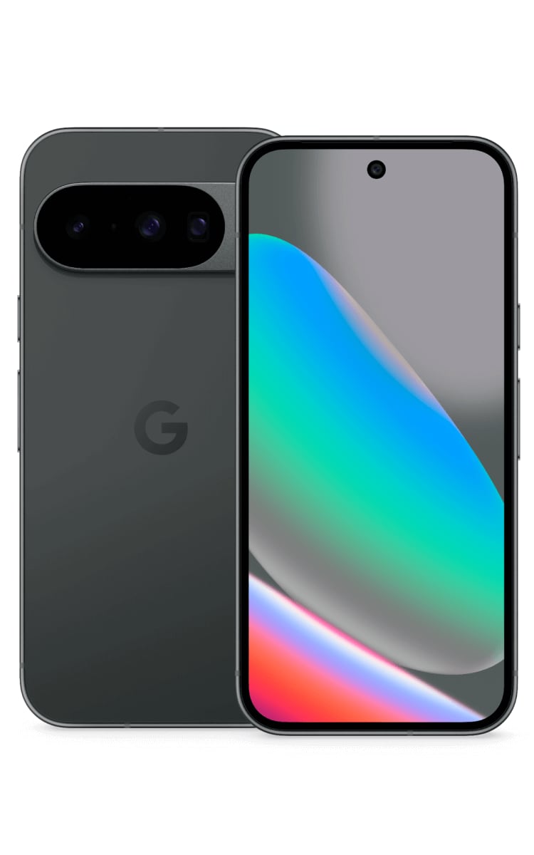 Front and back view of the Google Pixel 10 in obsidian, displaying the home screen, front camera and the Google logo.