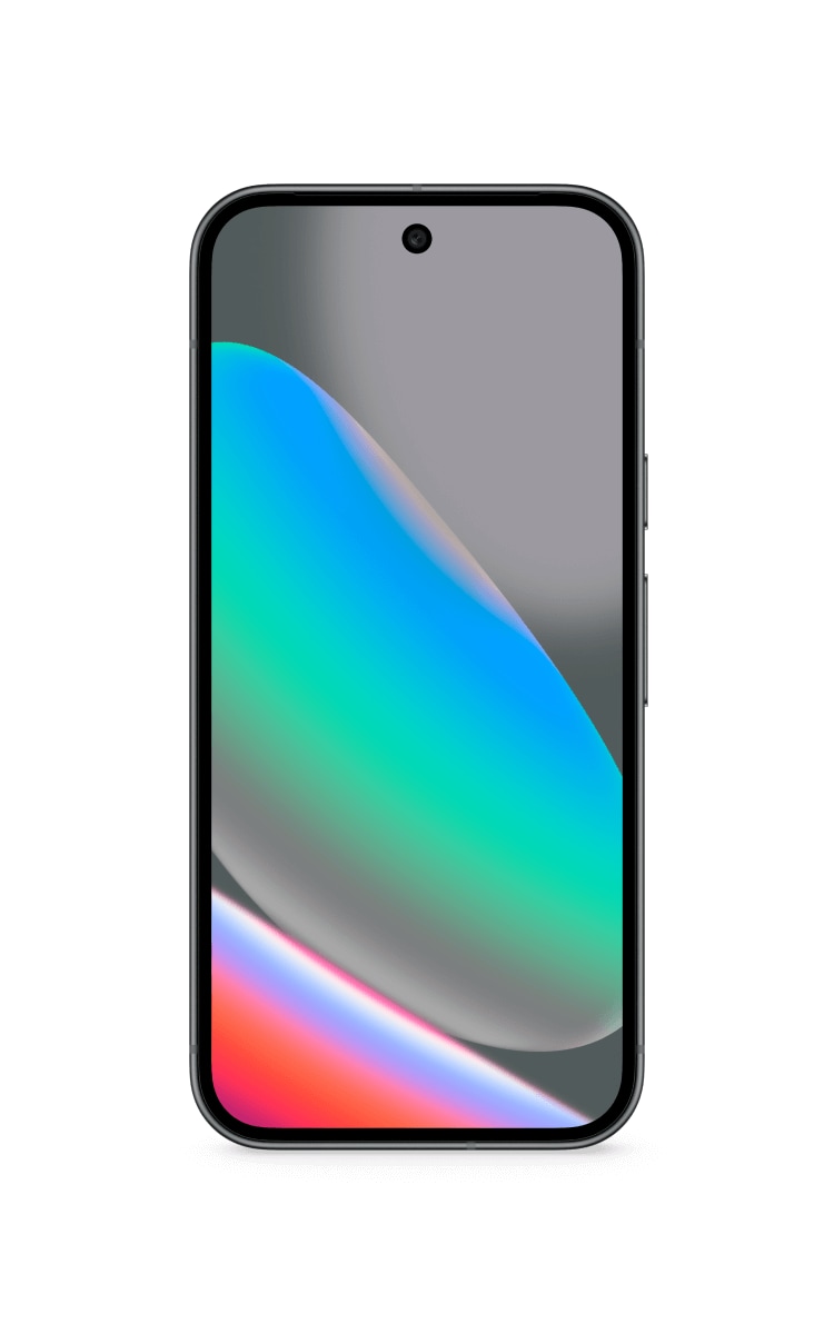 Front view of Google Pixel 10 in obsidian with a vibrant blue, green, and pink abstract wallpaper, featuring a centred punch-hole front camera and side buttons.