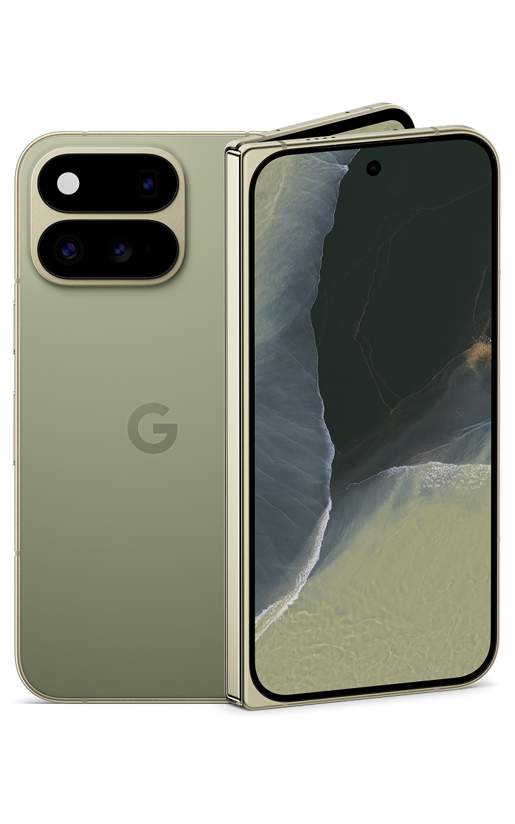Angled front and back view of Google Pixel 11 Pro Fold in olive, showing the cover screen, camera and Google logo.