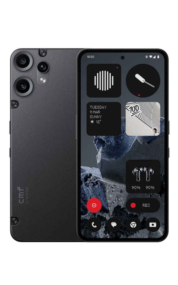 Front and back view of CMF Phone 2 Pro in Black featuring cameras and LED light and sound notifications at the back.