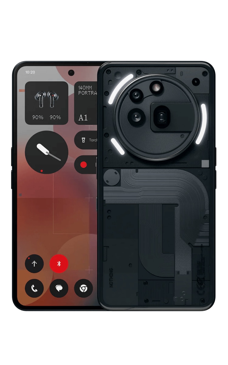 Front and back view of Nothing Phone 3(a) Pro in Black featuring cameras and LED light and sound notifications at the back.
