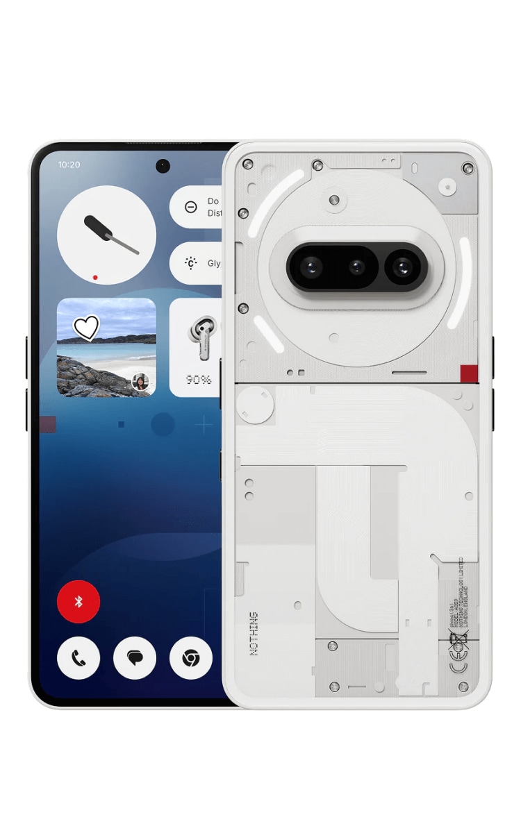 Front and back view of Nothing Phone 3(a) in White featuring front and back cameras.
