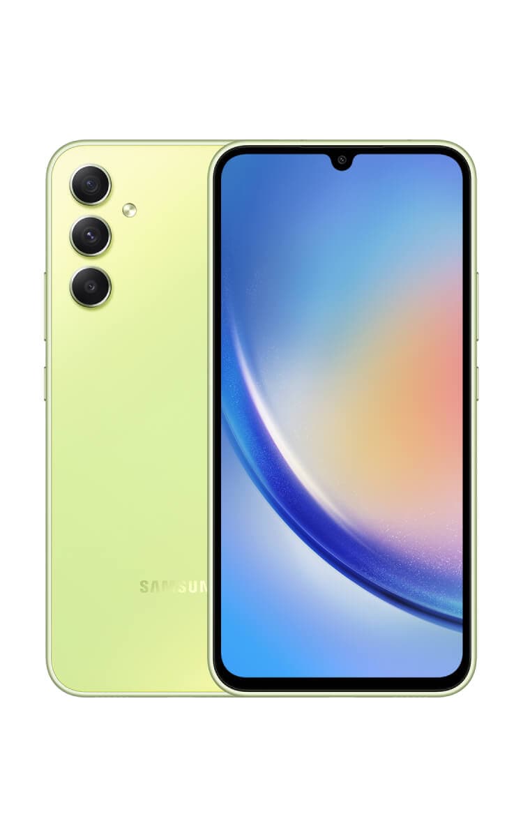 Front and back of the Samsung Galaxy A34 5G in Awsome Lime with the selfie camera and a triple camera system at the back.