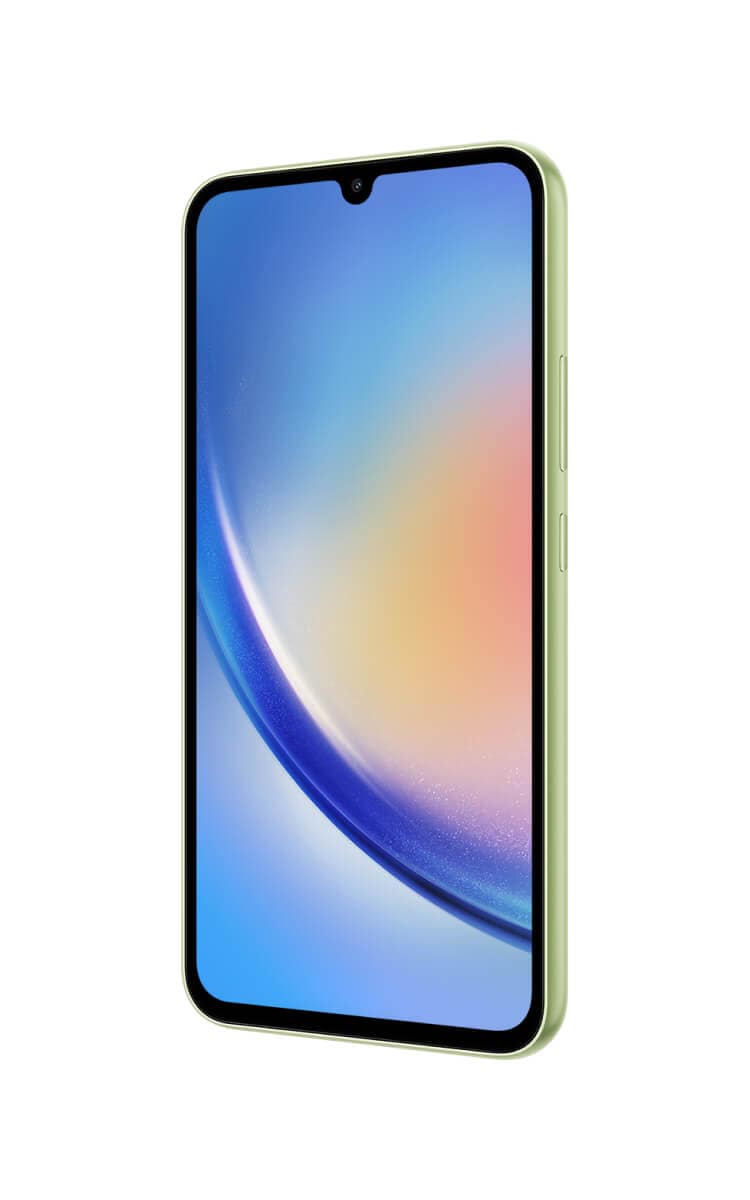 Front angled view of the Samsung Galaxy A34 5G in Awsome Lime with the 13MP front camera and power and volume buttons on the right side.