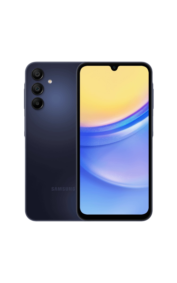 Front and back of the Samsung A15 5G in blue black with a triple lens camera system on back and camera punch on the front.