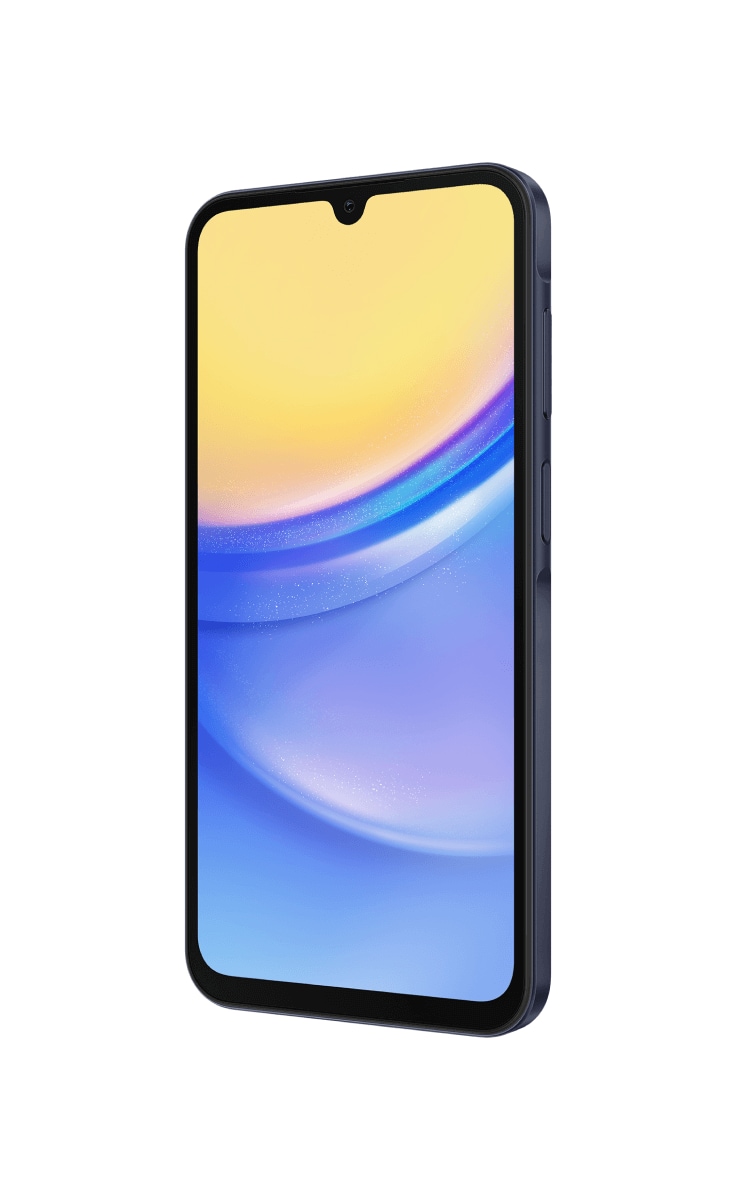 Front angle view of the Samsung A15 5G in blue black with a camera hole punch in the top centre.