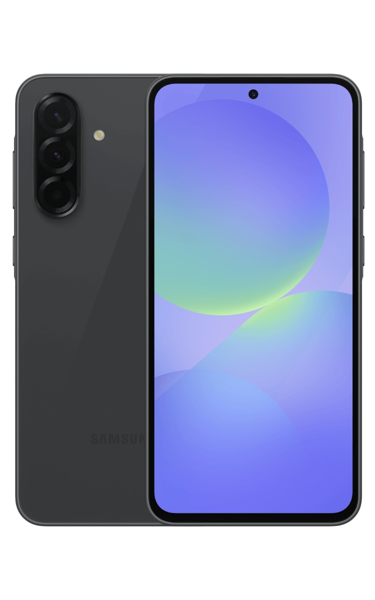 Front and back view of the Samsung Galaxy A36 in Awesome Black showing the front screen and back of the phone with rear camera.