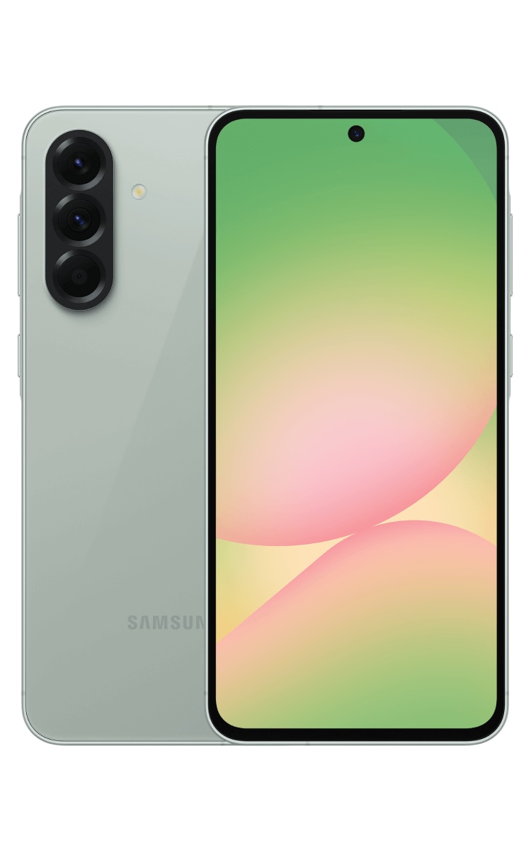 Front and back view of the Samsung Galaxy A56 in Awesome Olive showing the front screen and back of the phone with rear camera.
