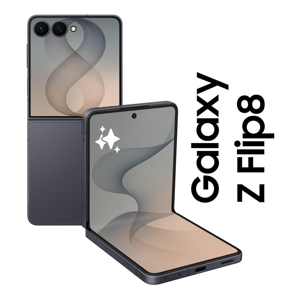 Front and back view of the Samsung Galaxy Z Flip8 in graphite unfolded showing the main and cover screen.