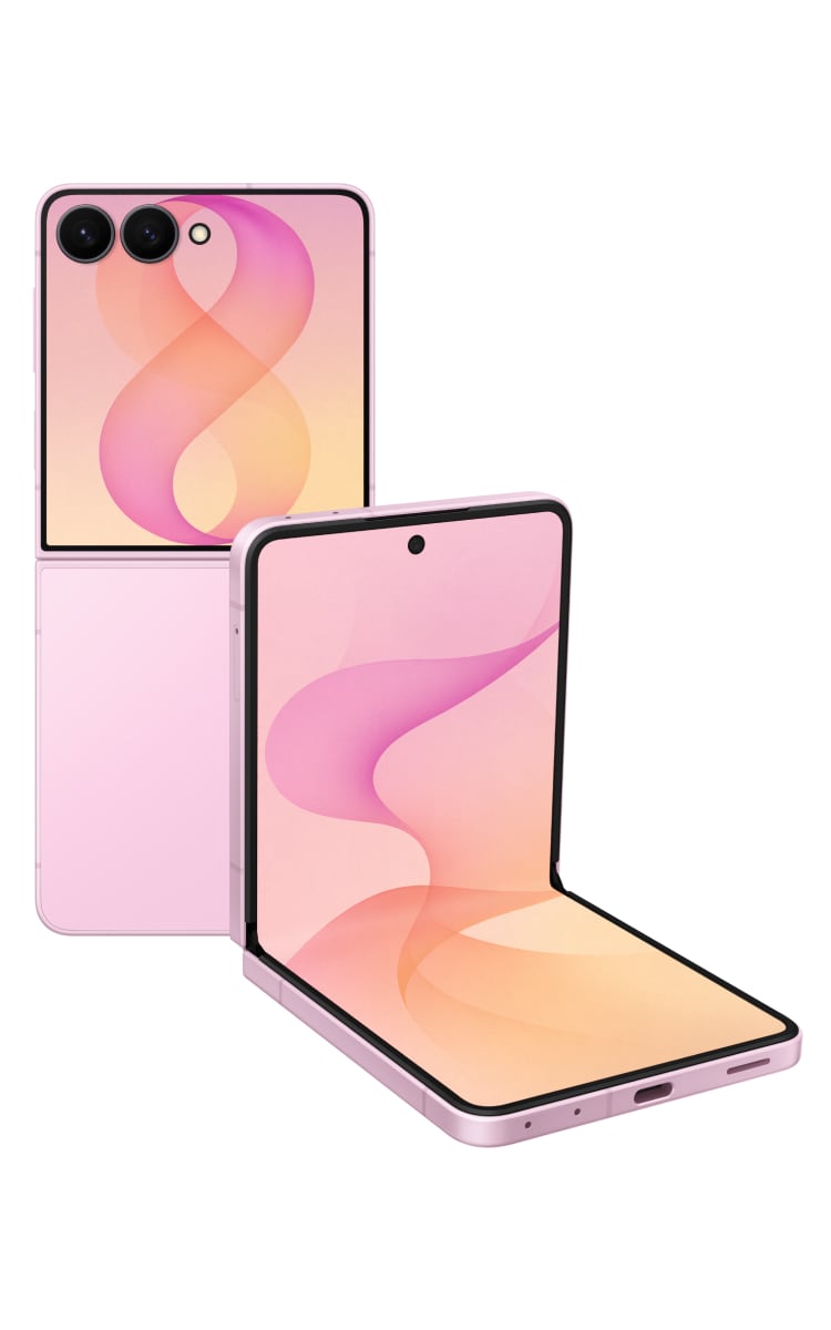 Front and back view of the Samsung Galaxy Z Flip8 in pink unfolded showing the main and cover screen.