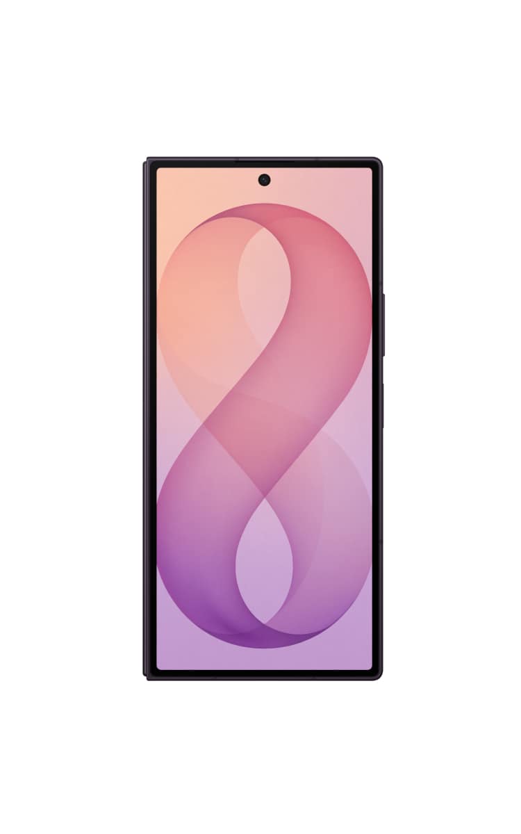 Front view of the Samsung Galaxy Z Fold8 Ultra in violet shadow with the display screen and front camera.