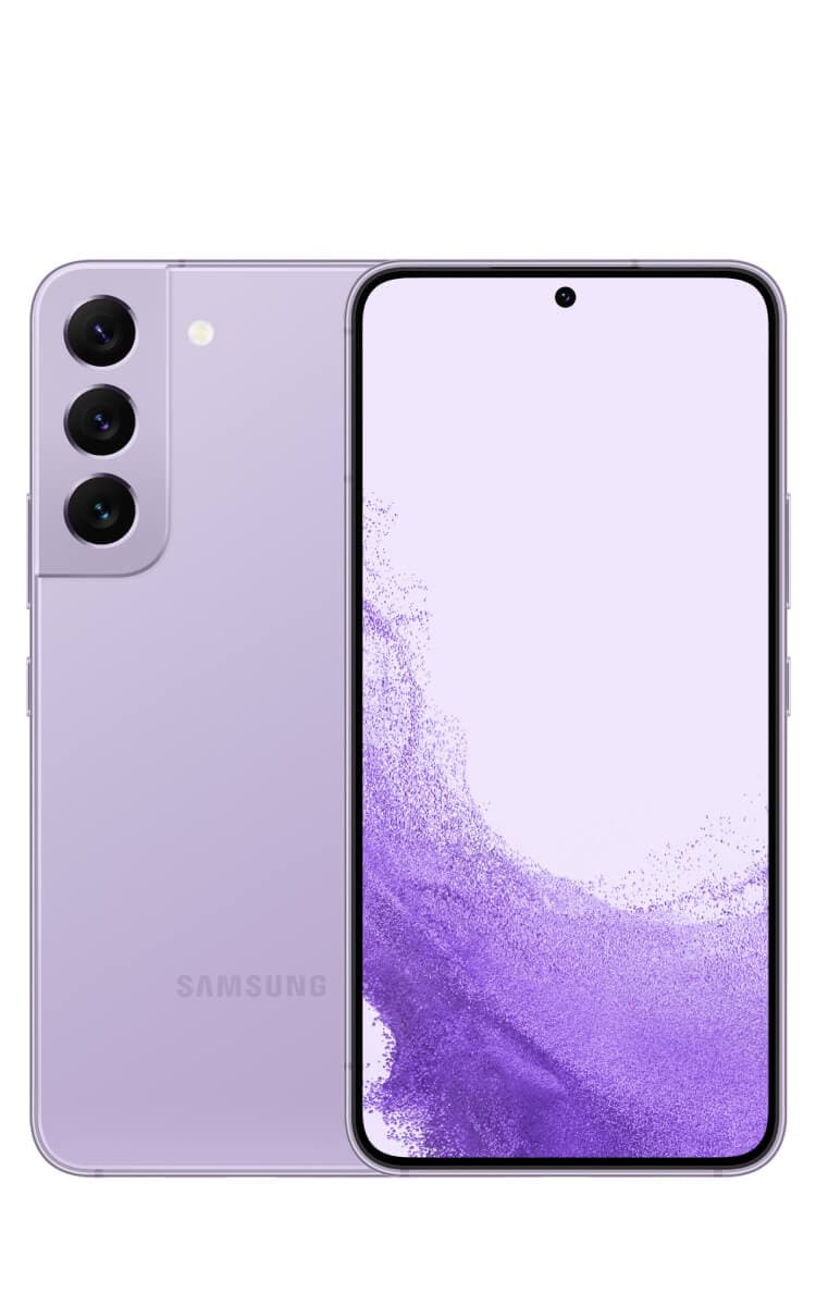 The front and back of the Samsung Galaxy S22 in metallic purple - with a metallic housing around the tri-lens rear setup.