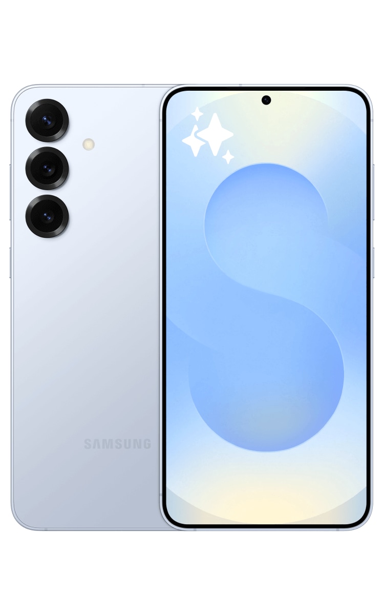 Back and front of the Samsung Galaxy S25+ in Blue, featuring three cameras on the back and Galaxy AI logo on the front.
