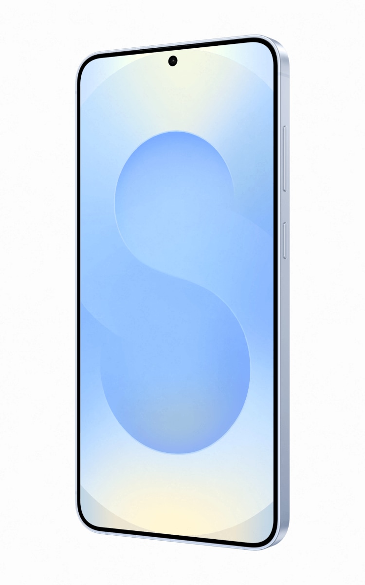 Front display of the Samsung Galaxy S25+ in Blue angled towards the right.