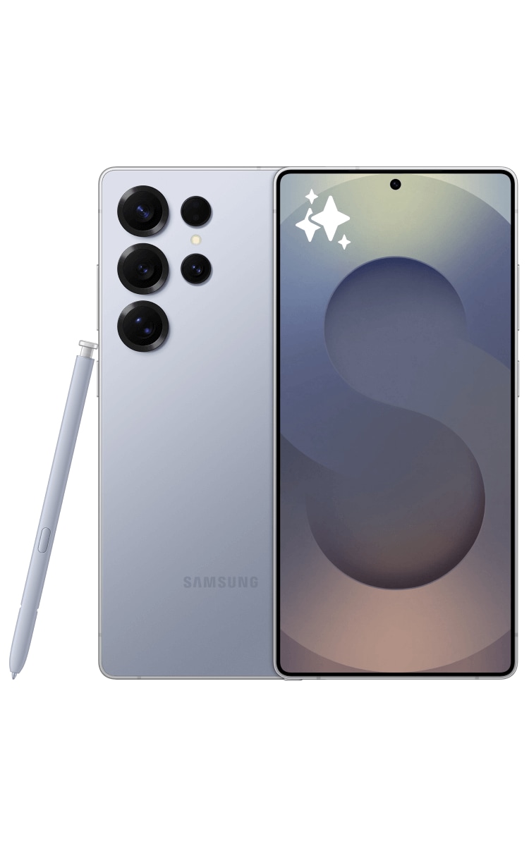 Back and front of the Samsung Galaxy S25 Ultra in Titanium Silverblue, featuring three cameras on the back, Galaxy AI logo on the front, and S Pen.