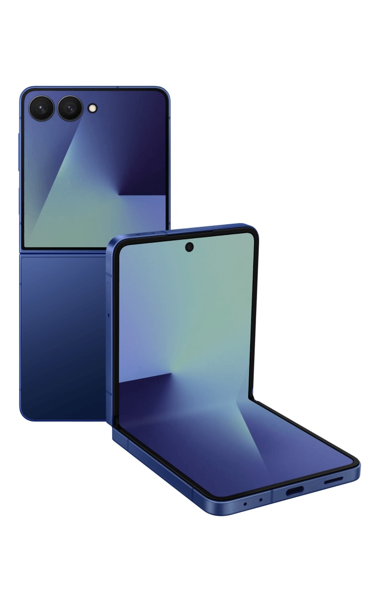 Front and back view of the new Samsung Galaxy Z Flip7 in blue shadow unfolded showing the main screen and cover screen.