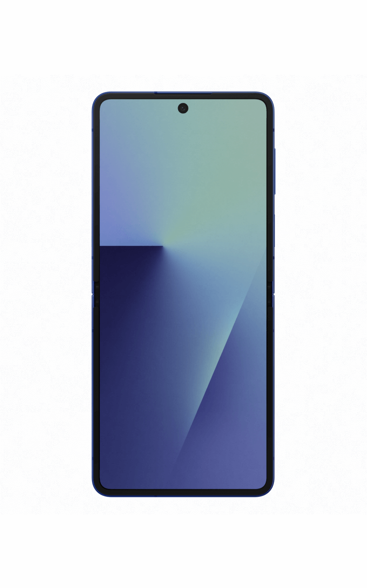 Front unfolded view of the new Samsung Galaxy Z Flip7 in blue shadow with the display screen and front camera.