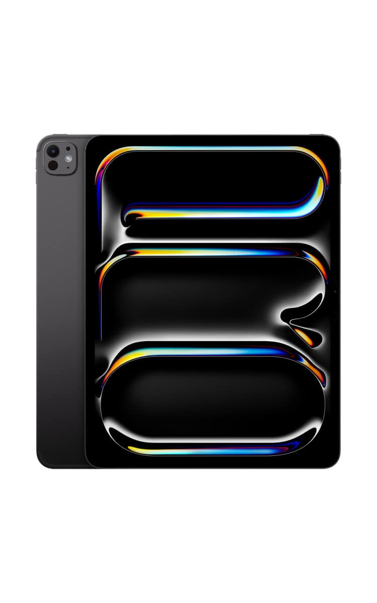 Apple iPad Pro 13‑inch (M4) in Space Black  showing from the front and back with a glossy abstract display graphic