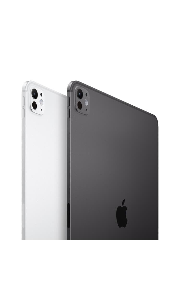 Rear view of two Apple iPad Pro 13‑inch (M4) tablets side by side, showing camera modules and Apple logos, in Space Black and silver finishes