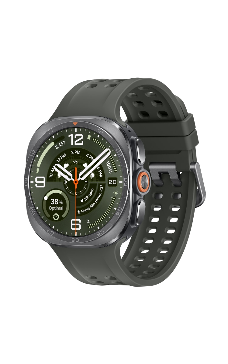 Samsung Galaxy Watch Ultra2 with an analog-style digital watch face, featuring a dark green display, white hands and markers, and health and fitness metrics shown around the dial.
