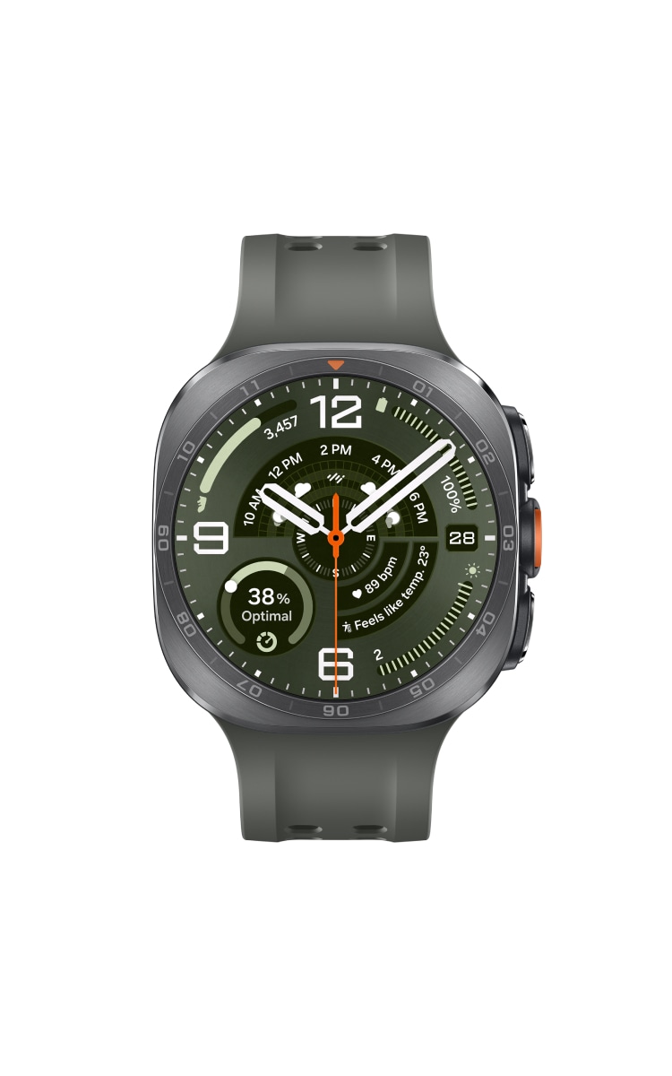 Front view of a Samsung Galaxy Watch Ultra2 with a dark green analog-style digital watch face and silver bezel.