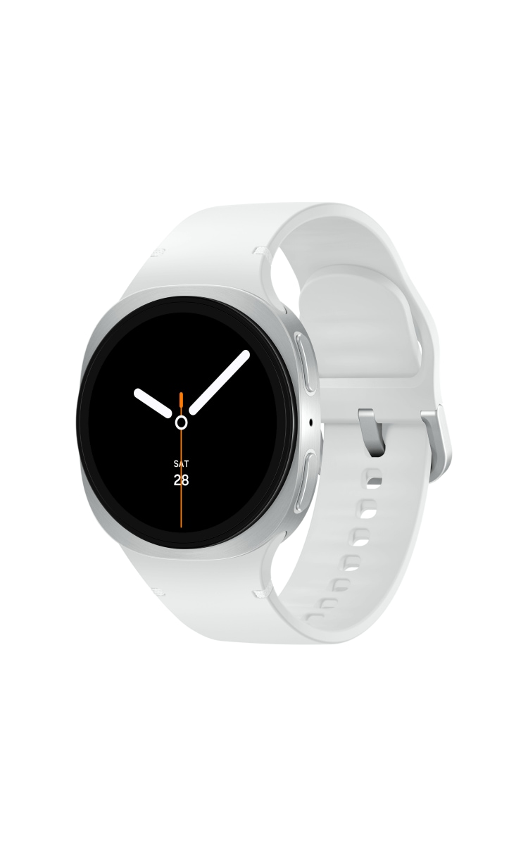 Samsung Galaxy Watch8 in silver colour displays the time 10:10 and the date Saturday 28 on a minimalist black screen.