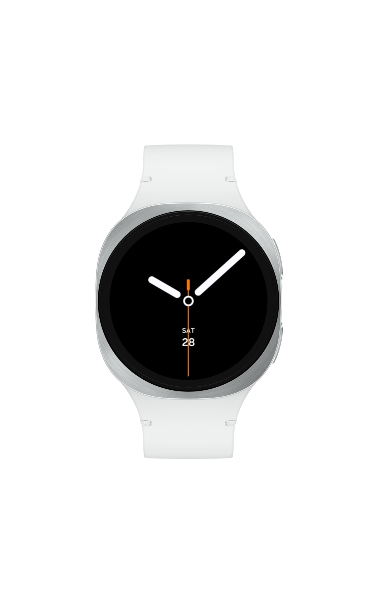 Front view of the Samsung Galaxy Watch8 in silver colour.