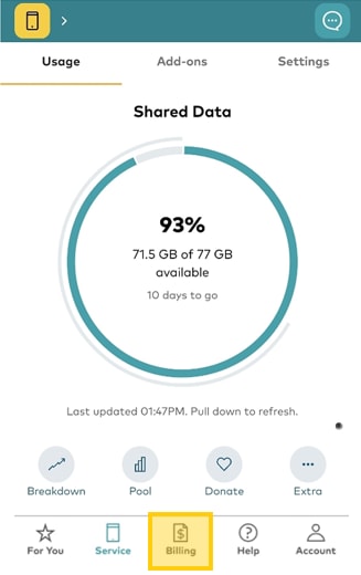 Select billing tab in the My Optus app