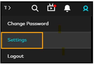 Screenshot showing the Settings button on the Optus Sport website