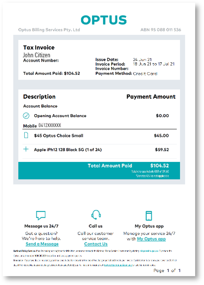 Example of an Optus tax invoice