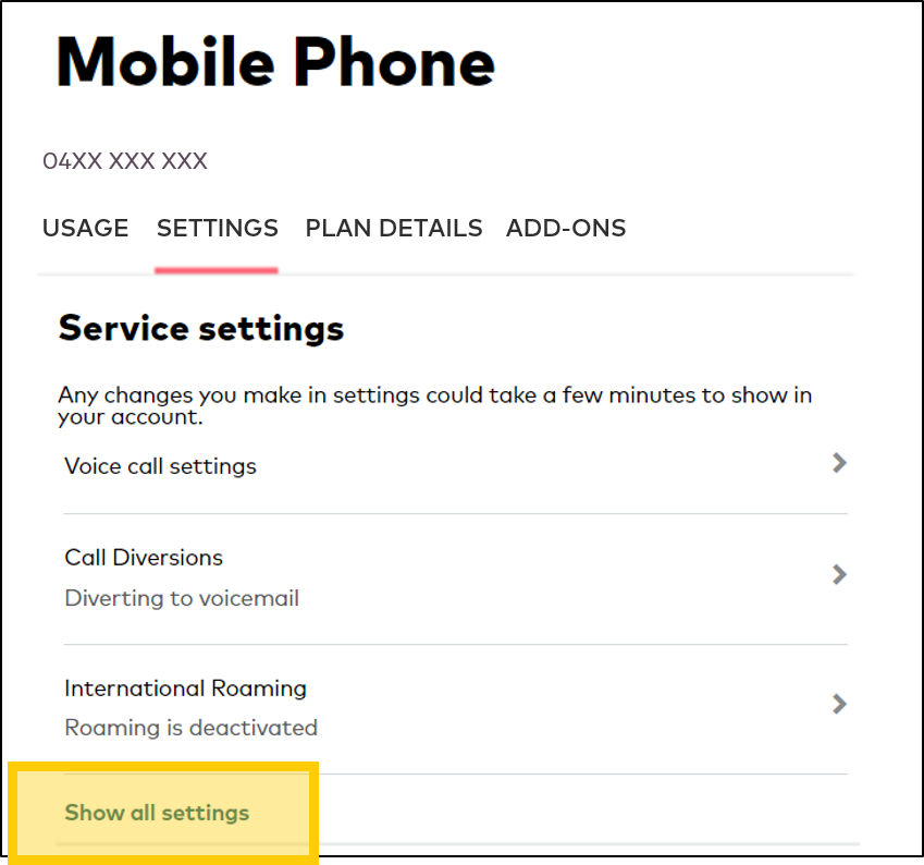 Click Show all settings in My Account