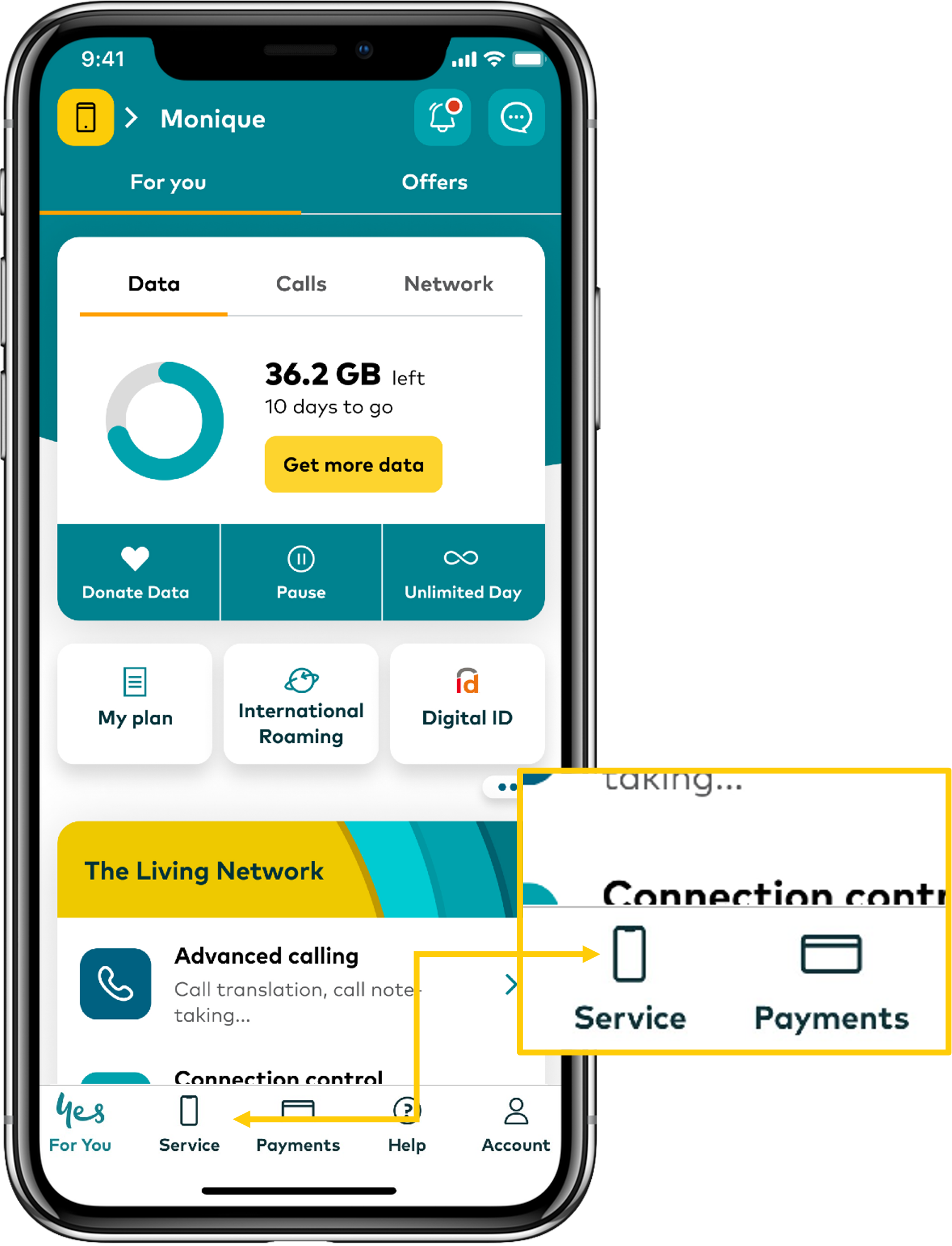 Image of My Optus app dashboard that highlights where to select service form the menu at the bottom of the screen