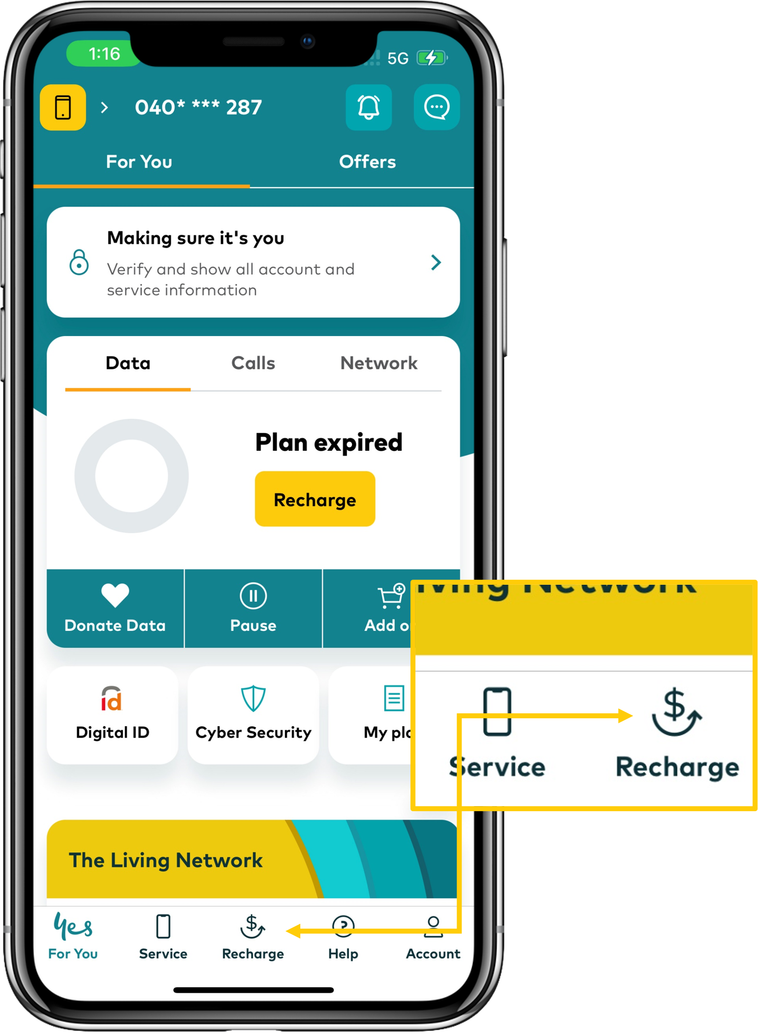 Image of My Optus app dashboard highlighting the recharge option from the bottom menu