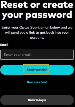 Screenshot of the send password reset link on the Optus Sport website