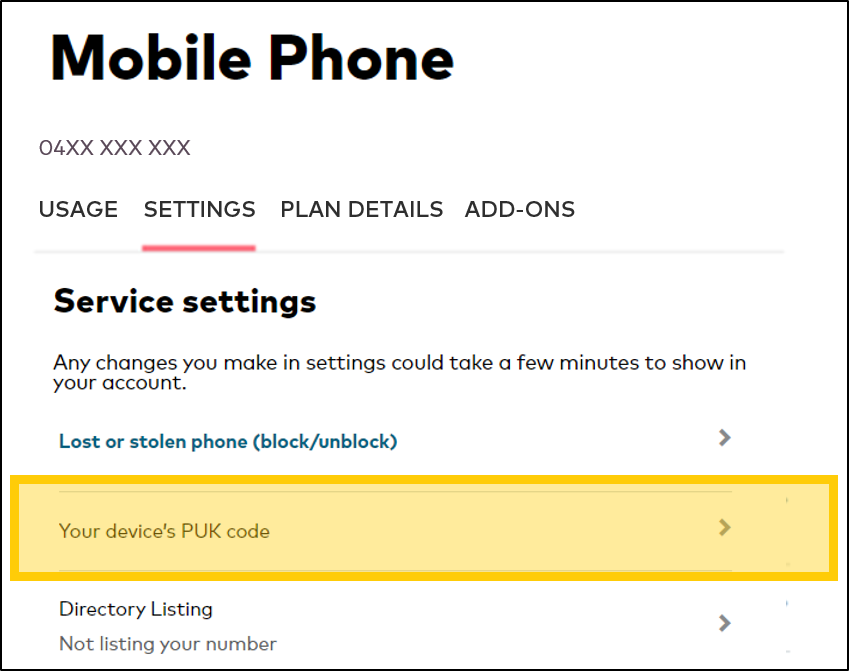 Click to retrieve your device's Puk Code in My Account