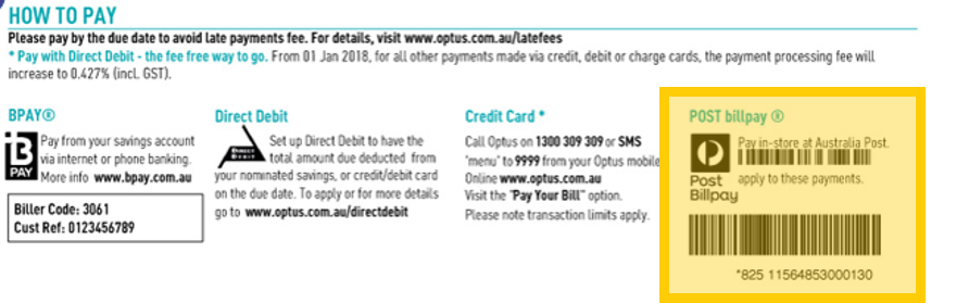 Where to find Australia Post Billpay info on Optus Bill