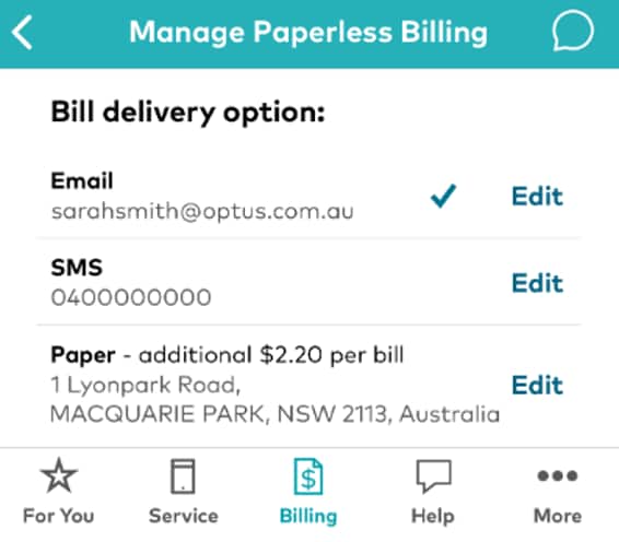 Select your bill delivery option in the My Optus app