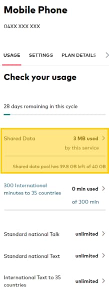 Select type of usage to view in My Account