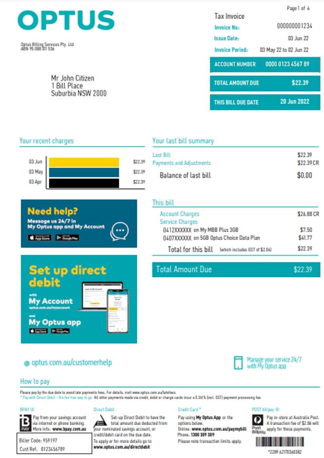 Example of an Optus paper bill