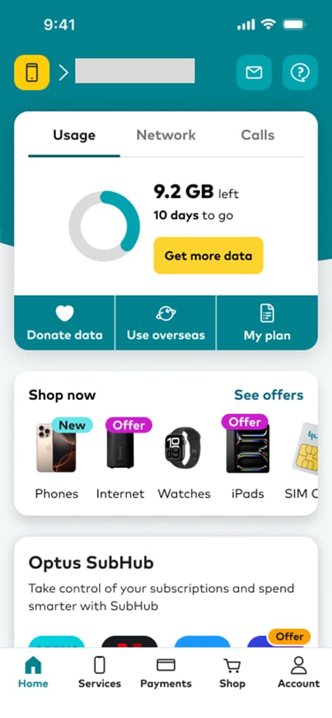 Image of My Optus app dashboard showing the billing option from the bottom menu