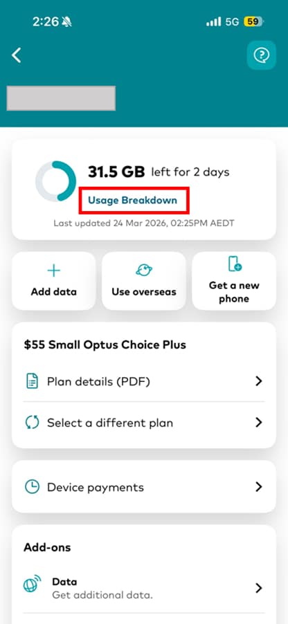 View usage breakdown in My Optus app