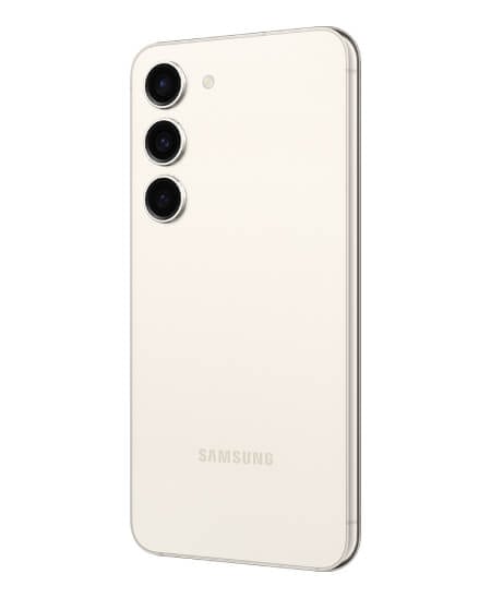 Angled back view of the Galaxy s23 in cream with the tri camera lenses ...