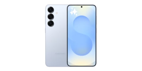 Front and back of the Galaxy S25 in Icyblue