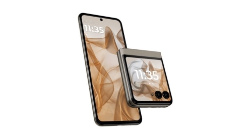 Motorola Moto Razr 50 unfolded and folded in Beach Sand